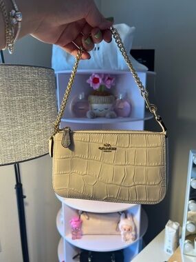 Coach Croc-Embossed Mini Shoulder Bag in Beige with Gold Chain